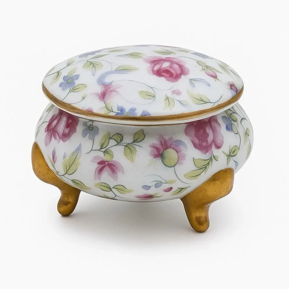 VTG Japan Floral Shabby Chic Cottagecore Dresser Trinket Jar Porcelain Gold Feet